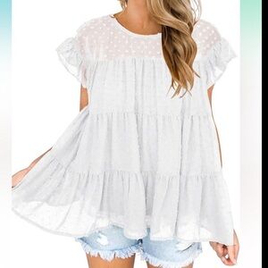 DOROSE White Babydoll Top Swiss Dot Peplum Blouse
Ruffle Sleeve Womens Medium